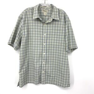 LL Bean Men Large Shirt Button Down Yellow Blue Checkered Cotton Short Sleeve
